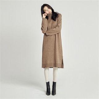 Turtle-neck Slit-hem Long Sweater Dress
