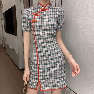 Short-sleeve Contrast Trim Plaid Qipao Dress