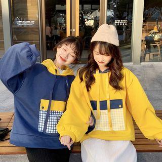 Plaid Pocket Contrast Color Hoodie