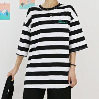 Letter-embroidered Rugby-stripe T-shirt