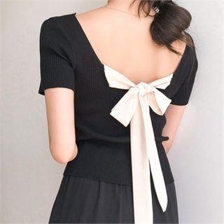 Beribboned Back Rib-knit Top