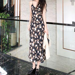 Elbow-sleeve Cardigan / Spaghetti Strap Floral Print Midi A-line Dress