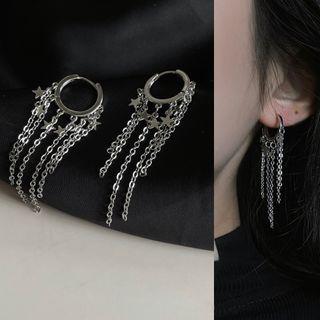Star Alloy Fringed Earring 2235a - 1 Pair - Thick Needle - Silver - One Size