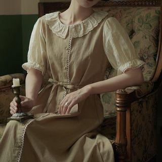Puff-sleeve Collar Ruffled Midi A-line Dress
