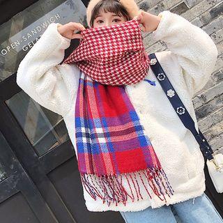 Fringed Plaid & Houndstooth Scarf