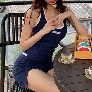 Contrast Trim Side-slit Halter-neck Mini Bodycon Dress