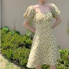 Floral Print Square-neck Drawstring Dress