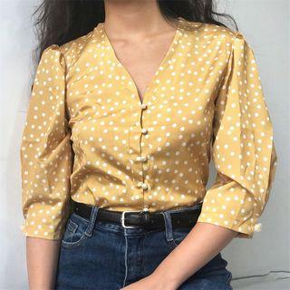 Dotted Elbow-sleeve V-neck Blouse