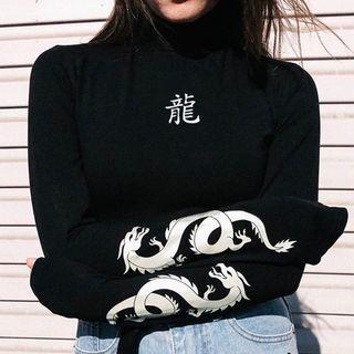 Dragon Printed Mock Neck Cropped Sweatshirt