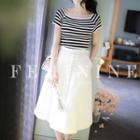 Set: Square-neck Short-sleeve Striped Top + Stitched A-line Midi Skirt
