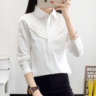 Long-sleeve Lace Trim Plain Blouse