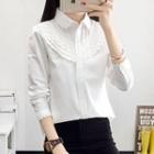 Long-sleeve Lace Trim Plain Blouse