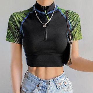Raglan-sleeve Half-zip Crop Top