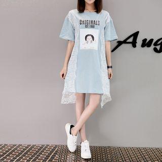 Printed Lace Trim Elbow Sleeve T-shirt Dress