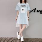 Printed Lace Trim Elbow Sleeve T-shirt Dress