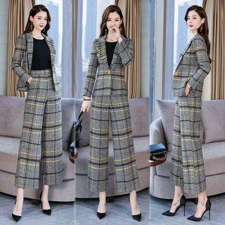Suit Set: Single-button Plaid Blazer + Wide-leg Dress Pants