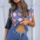 V-neck Argyle Print Knit Vest La#f0759 - One Size