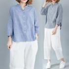 3/4-sleeve Stand Collar Linen Blend Shirt