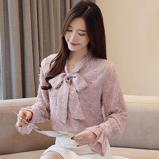 Long-sleeve Feathered Ribbon Chiffon Shirt