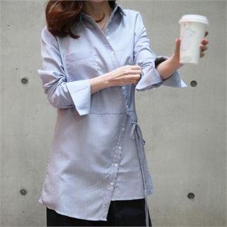 Diagonal-button Tie-waist Stripe Shirt