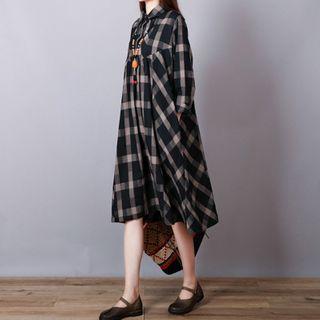 Irregular Hem Plaid Long-sleeve Collared Dress