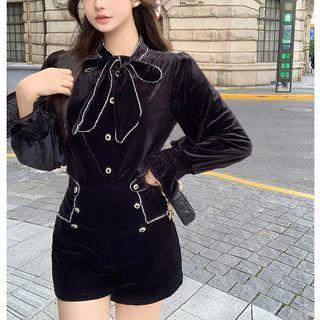 Long-sleeve Velvet Bow-accent Blouse / Slim-fit Shorts (various Designs)