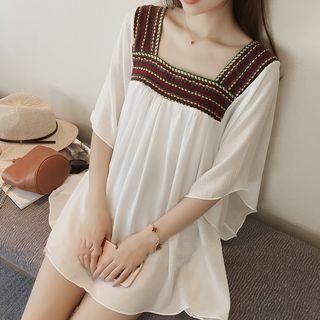 Elbow Sleeve Square Neck Mini Dress