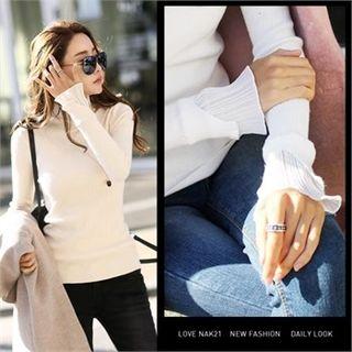 Mock-neck Chiffon-layered Knit Top