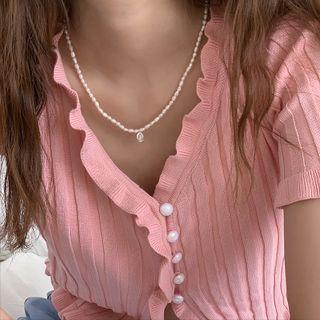 Short-sleeve Ruffled Faux Pearl Knit Top