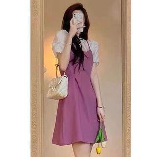 Set: Spaghetti Strap A-line Dress + Short-sleeve Top