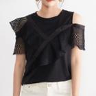 One-shoulder Plain Lace Ruffled Trim Panel T-shirt Black - One Size