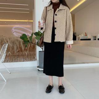 Long-sleeve Fleece Button Jacket / Long-sleeve Knit Top / Midi Pencil Skirt