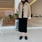 Long-sleeve Fleece Button Jacket / Long-sleeve Knit Top / Midi Pencil Skirt
