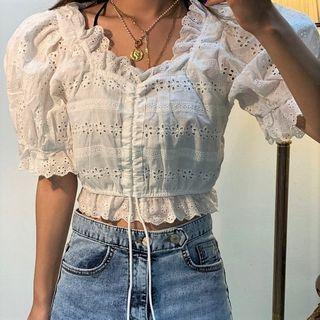 Short-sleeve Eyelet Drawstring Cropped Blouse White - One Size