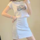 Short-sleeve Cat Print Cropped T-shirt / Fitted Plaid Mini Skirt