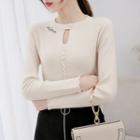 Long-sleeve Embroidered Buttoned Knit Top