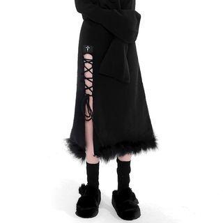 Fluffy Trim Slit Midi Pencil Skirt