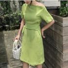 Off-shoulder A-line Knit Dress Green - One Size