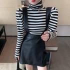 Long-sleeve Striped Turtleneck Top / Mini A-line Suspender Skirt