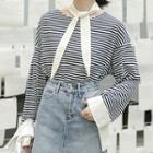 Tie-neck Striped Long-sleeve T-shirt As Shown In Figure - One Size