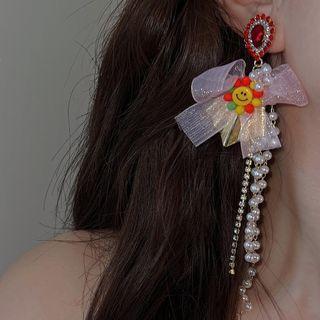 Smiley Flower Faux Pearl Fringed Earring 1 Pair - White Faux Pearl - Gold - One Size