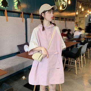 Color Block Elbow-sleeve Hoodie Dress