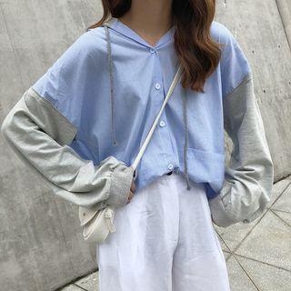 Colored Panel Striped Hooded Shirt As Shown In Figure - One Size