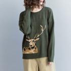 Deer Print Sweater Army Green - One Size