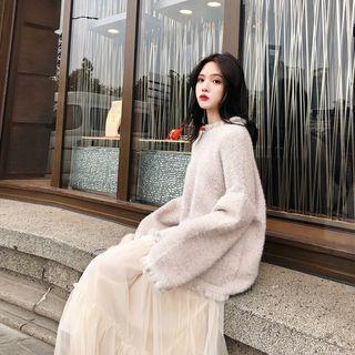 Furry Ruffled-trim Knit Top Almond - One Size