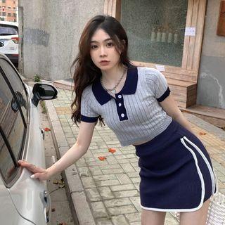 Short-sleeve Ribbed Polo Knit Top / Pencil Skirt
