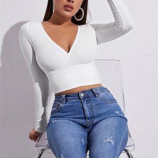 Long Sleeve V-neck Ribbed-knit Crop Top