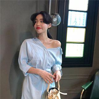 Plain V-neck 3/4-sleeve Loose-fit Shirtdress Blue - One Size