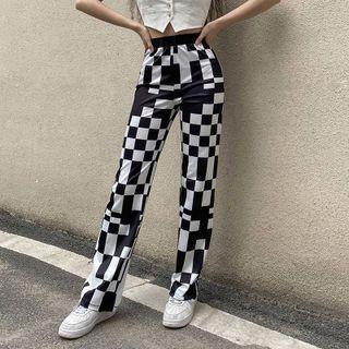 High-waist Checkerboard Print Straight Leg Pants