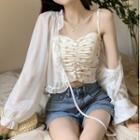 Ruched Floral Camisole Top / Long-sleeve Chiffon Cardigan